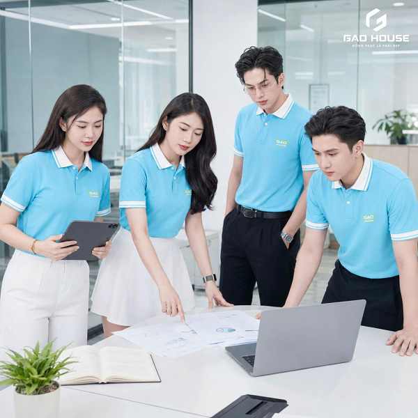 áo đồng phục màu xanh da trời cổ trắng