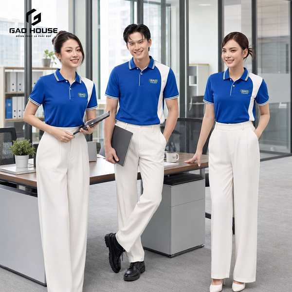 áo đồng phục màu xanh dương phối sườn trắng