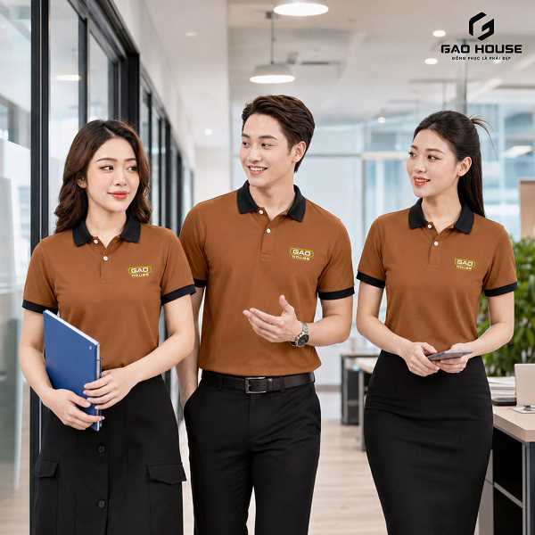 áo phông đồng phục màu nâu cổ đen