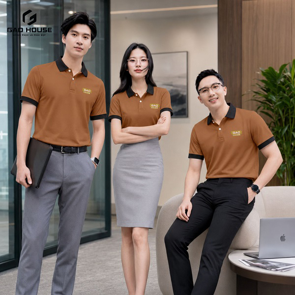 áo phông đồng phục màu nâu cổ đen