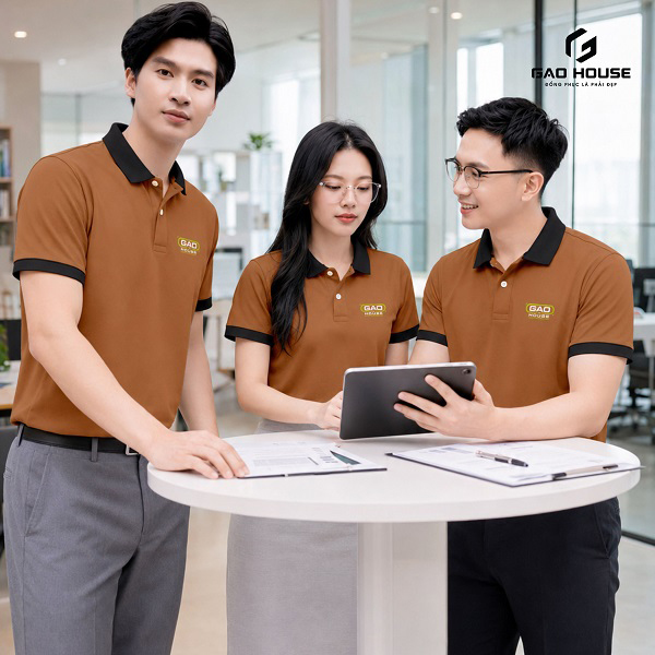 áo phông đồng phục màu nâu cổ đen