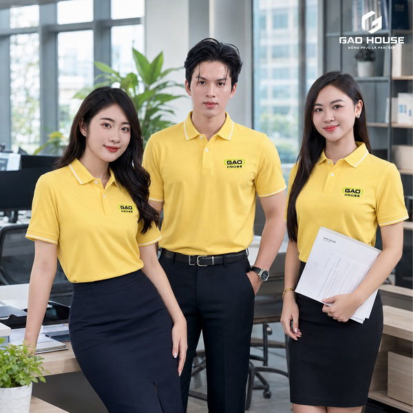 áo polo đồng phục màu vàng cổ line trắng