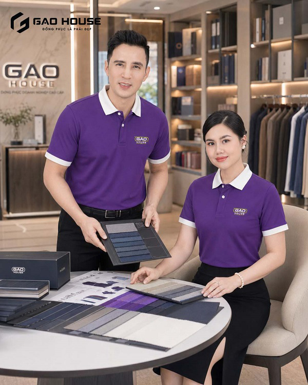 đồng phục công ty màu tím phối cổ trắng