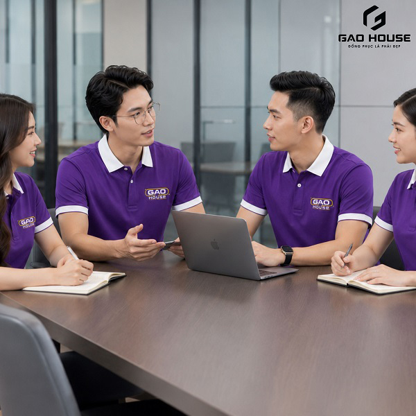 đồng phục công ty màu tím phối cổ trắng