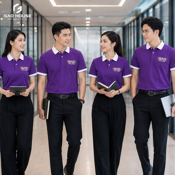 đồng phục công ty màu tím phối cổ trắng