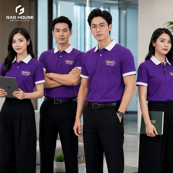 đồng phục công ty màu tím phối cổ trắng