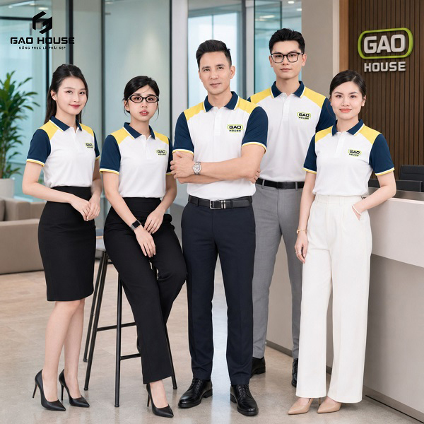 đồng phục công ty màu trắng phối tay xanh