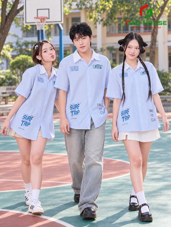 Áo Lớp Sơ Mi Oxford Màu Xanh